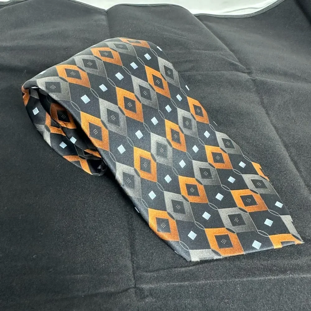 Haggar 100% Silk Black, Orange & Silver Diamonds Tie